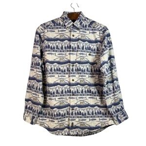 Woolrich Mens Flannel Cotton Fly Fishing Print Button Down Sz M Gorpcore Outdoor